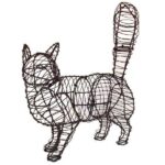 Empty dark wire topiary frame shaped as a cat walking with its tail raised, on a white background.