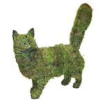 Moss-covered cat topiary in a walking pose with a raised bushy tail and green eyes, on a white background.