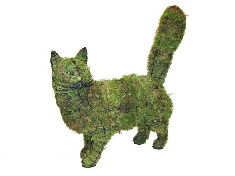 Moss-covered cat topiary in a walking pose with a raised bushy tail and green eyes, on a white background.