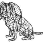 Unfilled wire-frame topiary of a sitting spaniel dog with long ears, on a white background.