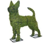 Moss-covered chihuahua topiary with brown glass eyes, standing on small wire base plates