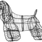 Black wire outline of a standing dog in profile, cocker spaniel topiary frame illustration