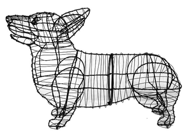 Bare wire-frame corgi topiary with upright pointed ears, shown in profile on white background.