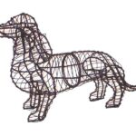 Black powder-coated wire dachshund topiary frame standing in profile, empty and unplanted