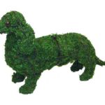 Green moss-covered dachshund topiary standing in profile, wire frame showing through, with a brown glass eye.