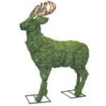Moss-covered stag topiary with dried, browner mossed antlers, standing on a rectangular metal base