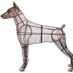 Bare copper-toned wire Doberman topiary frame, no moss, in profile