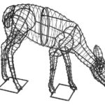 Black wire-frame doe topiary sculpture in a grazing pose on two square base plates