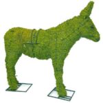 Moss-covered donkey topiary on a metal base, side profile