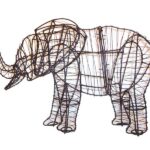 Wire-frame elephant sculpture with a raised, curled trunk, shown unmossed on a white background.