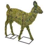Moss-covered fawn topiary standing mid-stride with head raised, on two square base plates