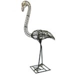 Wire-frame flamingo topiary sculpture with a curved neck, standing on a square metal base