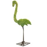 Moss-covered flamingo topiary with a curved neck, mounted on a dark metal stand