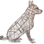 Wire German Shepherd topiary frame in a sitting pose, seen in profile with ears up and tail curled