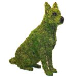 Sitting German Shepherd topiary covered in green sphagnum moss over a black wire frame, shown in profile