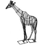 Wire frame topiary of a giraffe on two square base plates, side profile on white background.