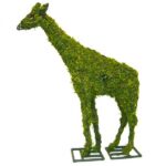 Moss-covered giraffe topiary frame on a white background, standing on two square base plates