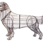 Bare powder-coated wire frame of a standing Golden Retriever with wire eyes and a feathered tail