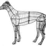 Bare black wire-frame greyhound topiary, shown in profile with a lean, arched build, on a white background.