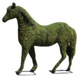 Moss-covered horse topiary with mane detail, standing on rectangular metal base plates