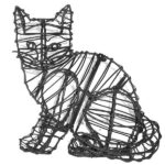 Bare wire-frame topiary sculpture of a sitting cat, with pointed ears and wire-outlined eyes, on a white background.