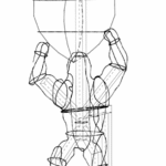 CAD line drawing of a gorilla-shaped frame with arms raised, holding a heart overhead.