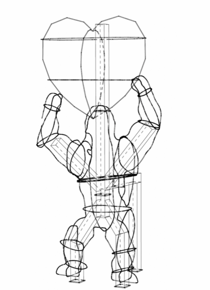 CAD line drawing of a gorilla-shaped frame with arms raised, holding a heart overhead.