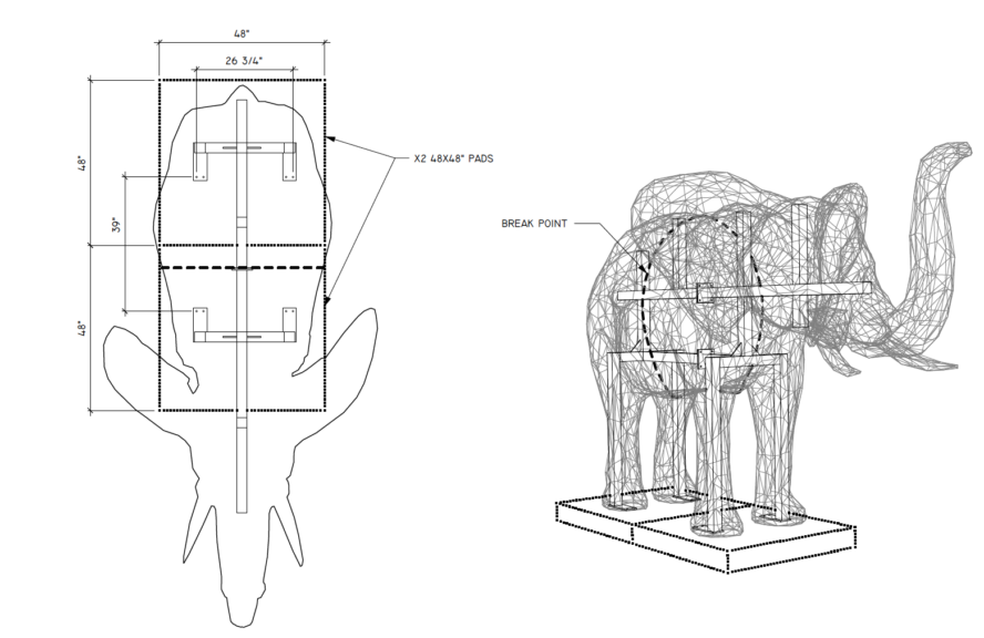 CAD drawing of a life-size elephant topiary frame