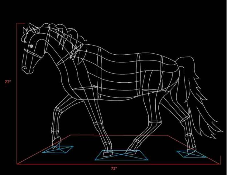 Line-drawing CAD rendering of a horse topiary wireframe with 72-inch dimension labels