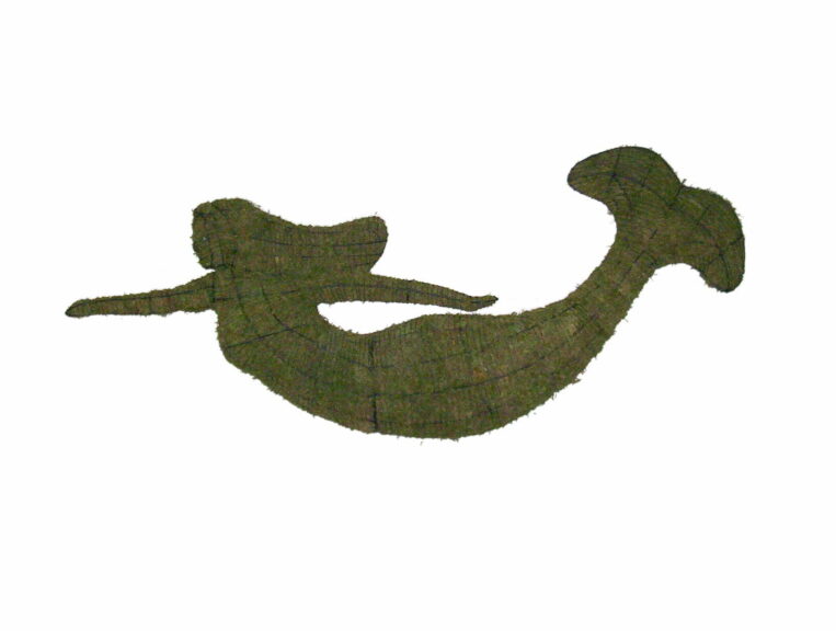 Moss-covered mermaid sculpture with a curved tail, mounted on a metal stand