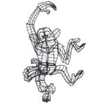 Wire-frame monkey topiary in a climbing pose, shown as an unfilled metal armature