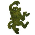 Moss-covered monkey topiary with one arm raised and a long curled tail, shown against a white background