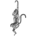 Wire-frame monkey sculpture hanging by a curled arm, shown as an unmossed frame with a long curled tail.