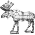 Wire frame topiary of a moose with large antlers, standing on base plates, side profile.