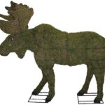 Moss-covered moose topiary with full antlers and a brown eye detail, standing on a white background.