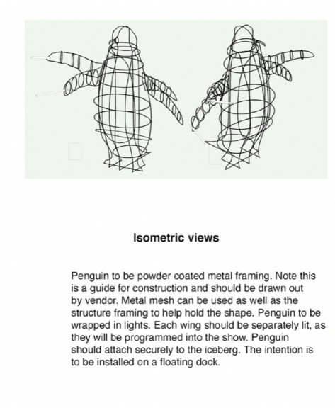 Line-drawing construction diagram of a penguin frame with isometric views and building notes.