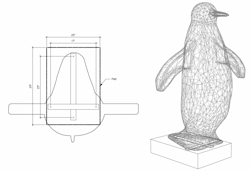 CAD dimensioned drawing and wireframe model of a penguin topiary base and mounting pad.
