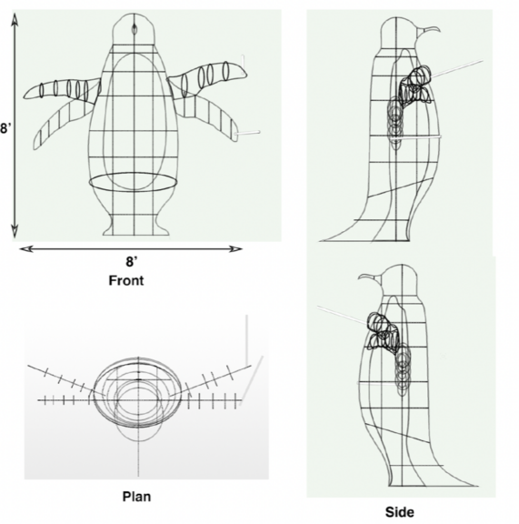 CAD front, side, and plan drawings of a penguin structure labeled eight feet tall and wide.