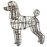 Empty black wire-frame poodle topiary standing, showing the pom-pom tail and ear shapes with no filling