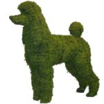 Moss-covered poodle topiary in profile with shaped legs and a round pom-pom tail.