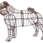 Wire frame topiary shaped like a seated pug dog, unplanted, side profile on white background.