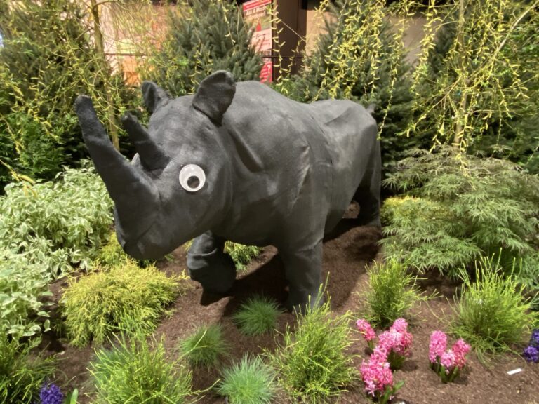 Black fabric rhino figure with a googly eye, standing in a garden-show flower bed with pink hyacinths