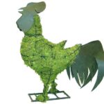 Rooster topiary with sculpted metal head, comb and tail, moss-filled wire body on a metal base