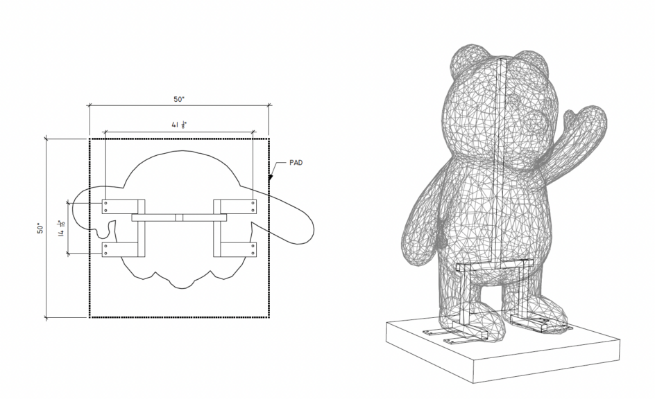 A CAD wireframe drawing of a standing waving bear topiary with its mounting base