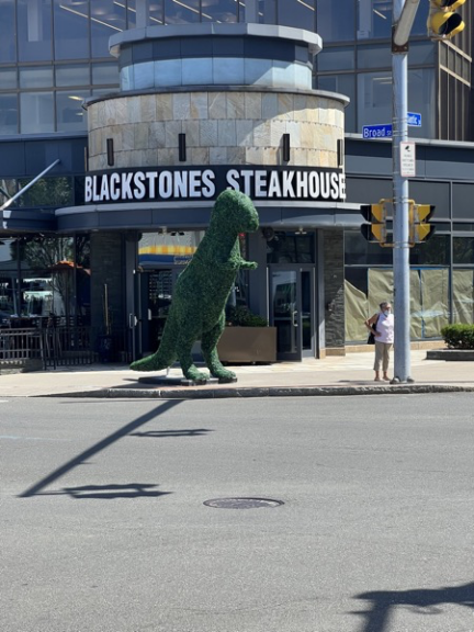 Front view from across the street of the T-Rex topiary at the Blackstones Steakhouse corner