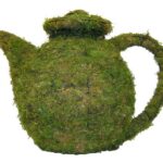 Green moss-covered teapot topiary shape with spout and handle, on a white background