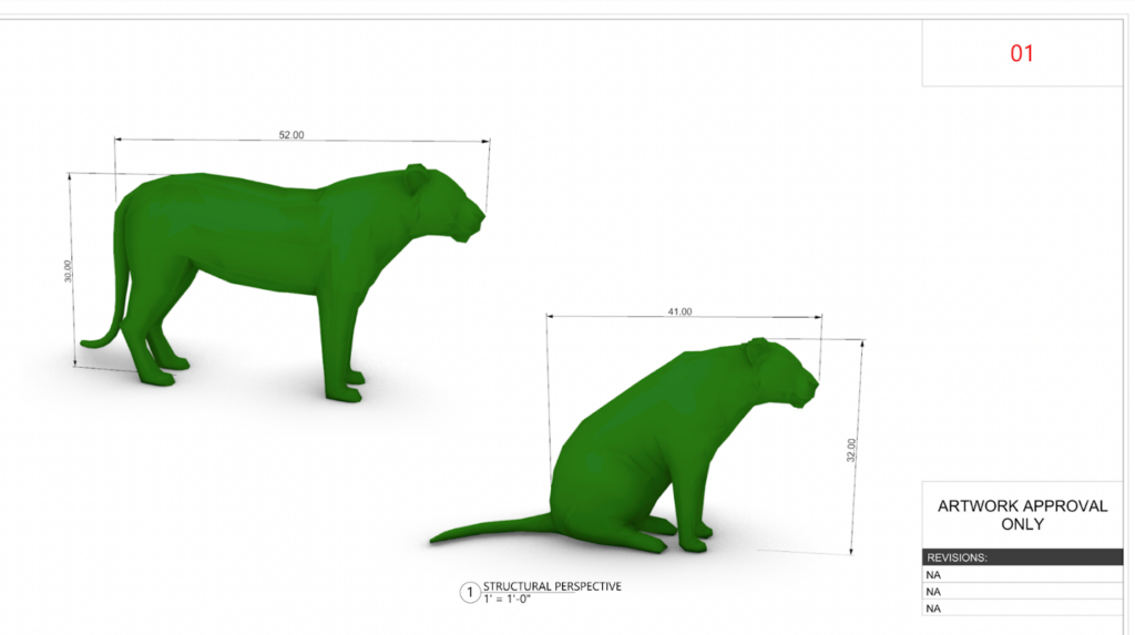 CAD approval sheet showing a standing tiger 52 inches long and a sitting tiger 32 inches high, rendered in green