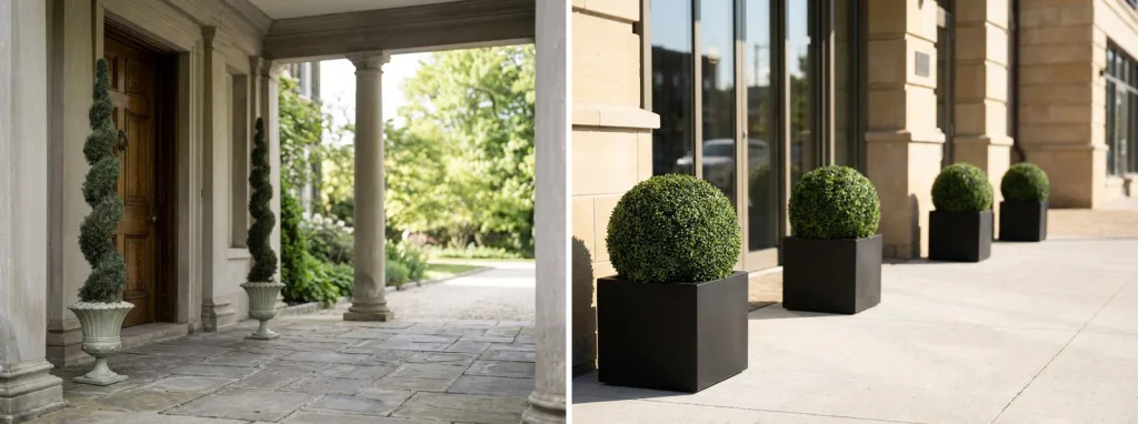 A pair of artificial boxwood spirals in stone urns under a columned portico, and a row of artificial boxwood balls in black planters along a shaded hotel frontage.