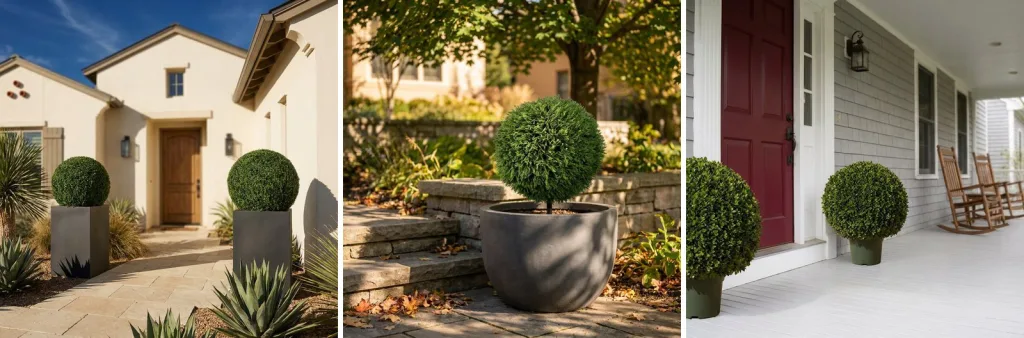 Three placements for artificial topiary: two balls in tall planters by a stucco house in full sun, a cedar ball in a gray pot in the dappled shade of a tree, and two boxwood balls under the roof of a covered porch.