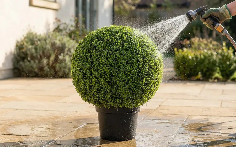 A gloved hand rinsing an artificial boxwood ball in a black pot with a gentle shower of water from a hose nozzle on a sunny flagstone patio.
